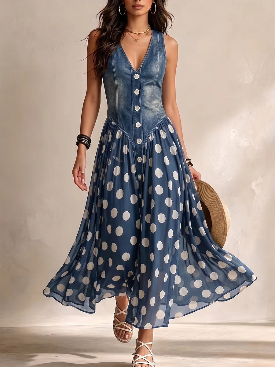 Soraya - Denim & Chiffon Midi Dress Signature