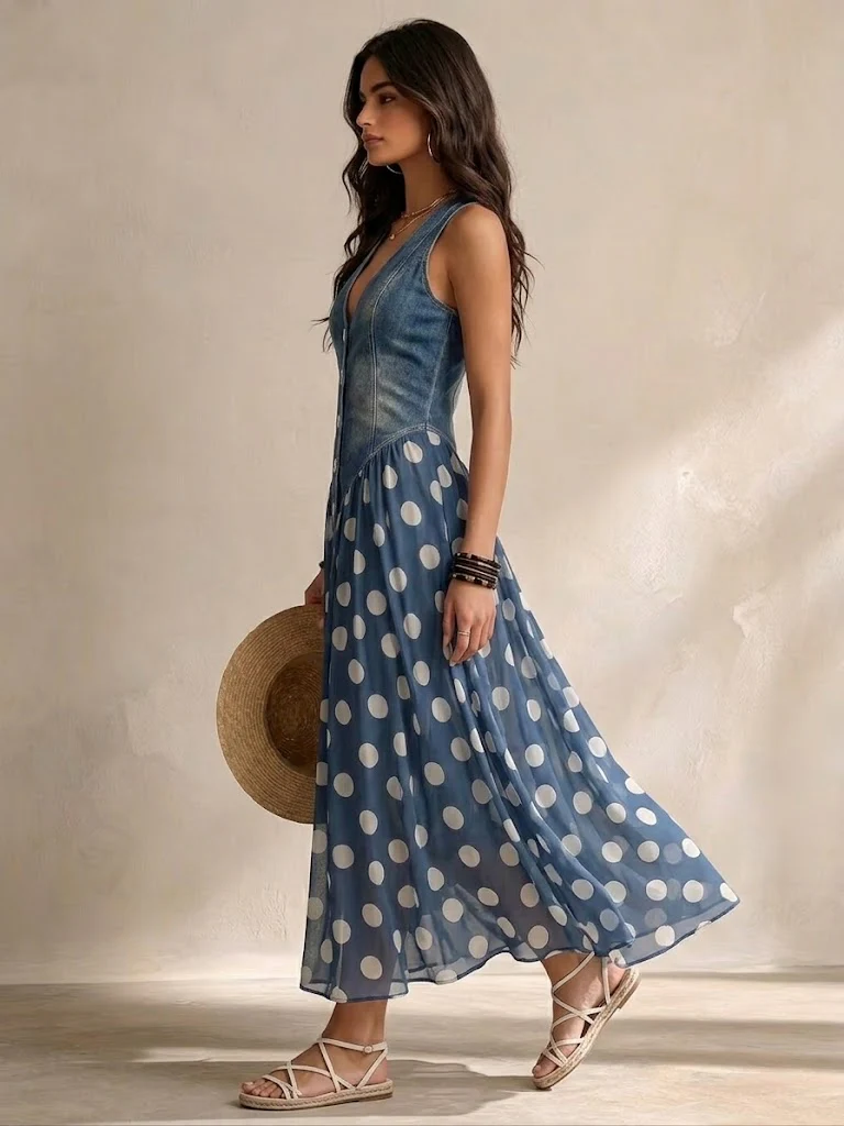 Soraya - Denim & Chiffon Midi Dress Signature