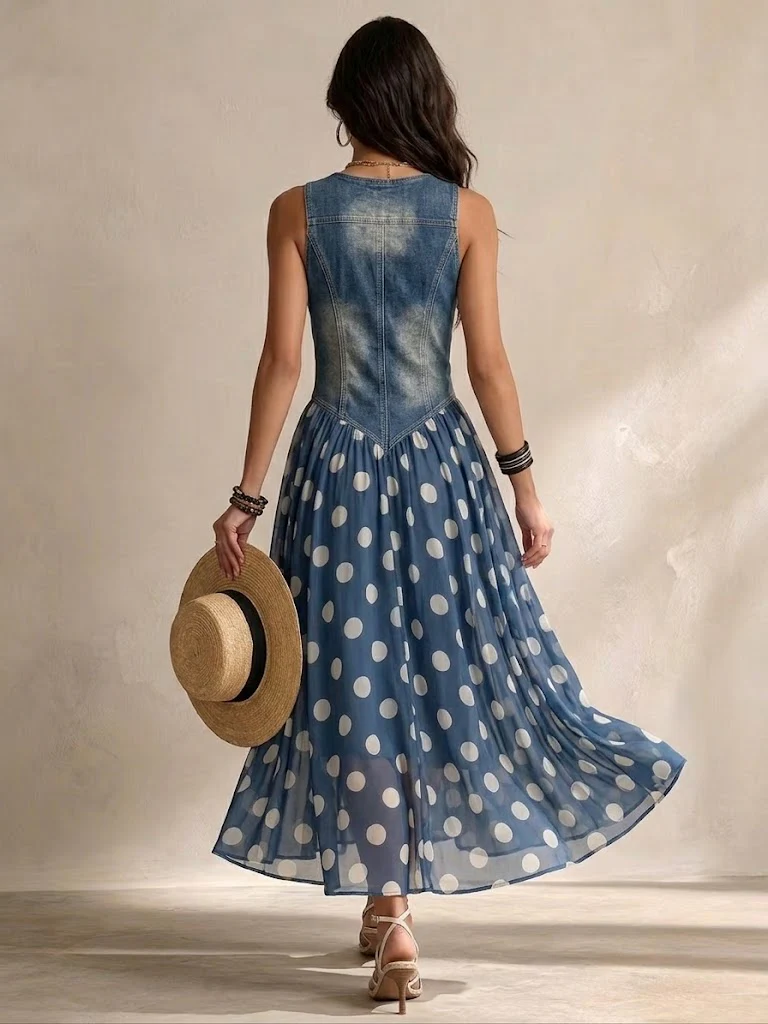 Soraya - Denim & Chiffon Midi Dress Signature