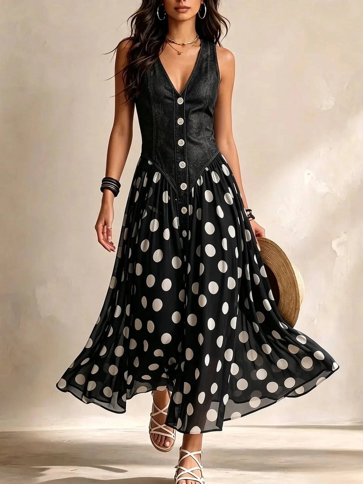 Soraya - Denim & Chiffon Midi Dress Signature