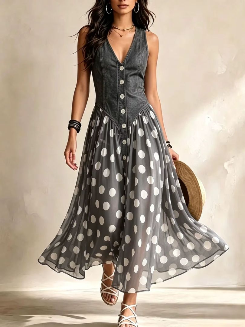 Soraya - Denim & Chiffon Midi Dress Signature