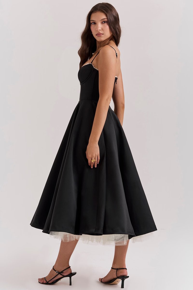Harper | Women's Bustier Midi Satin Flared Cocktail Party Dress