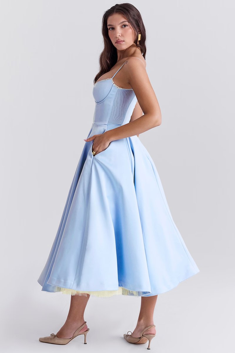 Harper | Women's Bustier Midi Satin Flared Cocktail Party Dress