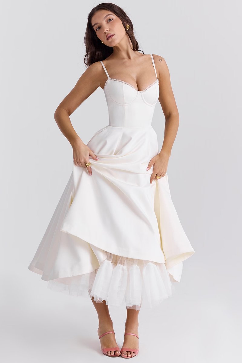Harper | Women's Bustier Midi Satin Flared Cocktail Party Dress